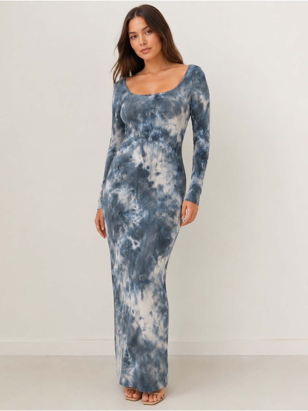 Missguided Blue Grey Tie Dye Ribbed Long Sleeve Bodycon Maxi Dress L